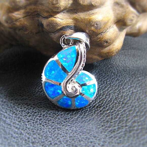 Solid 925 Sterling Silver and Blue Opal Nautilus Seashell Ammonite Pendant - Picture 1 of 10